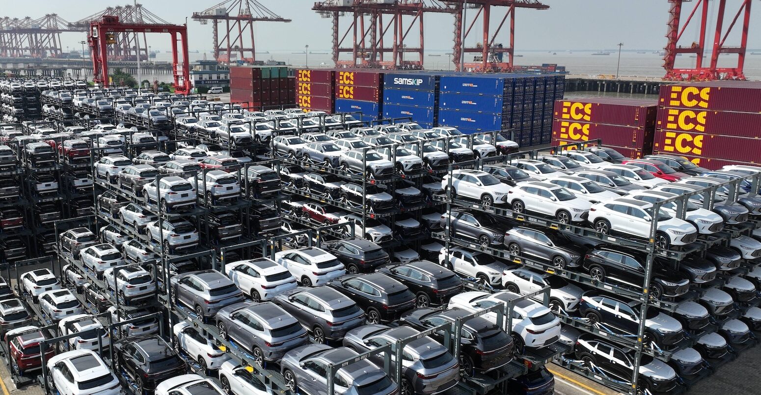 New EVs for export at a terminal of Taicang Port, east China.