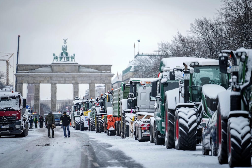 Farmers with tractors protested at the Brandenburg Gate in Berlin, Germany on 16 January 2024.