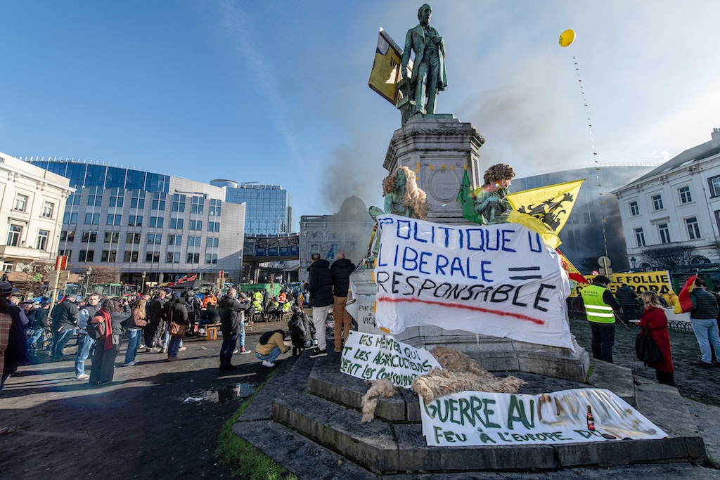 Farmers protested outside the European parliament building in Brussels, Belgium on 1 February 2024.