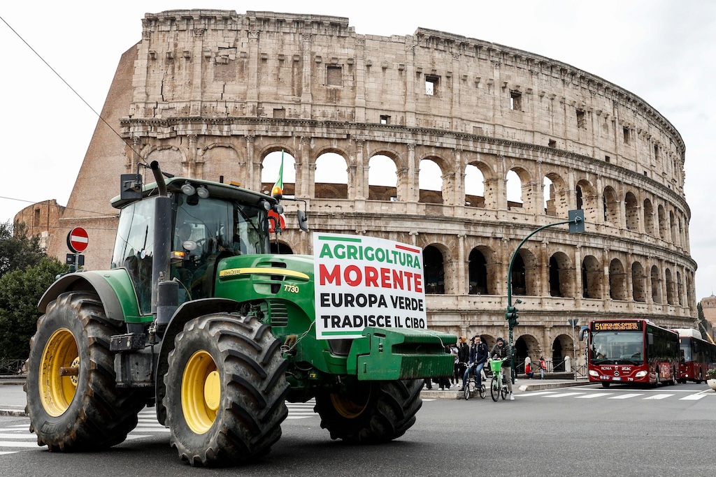 A tractor in a farmer protest driving in front of the Colosseum in Rome, Italy on 9 February 2024.