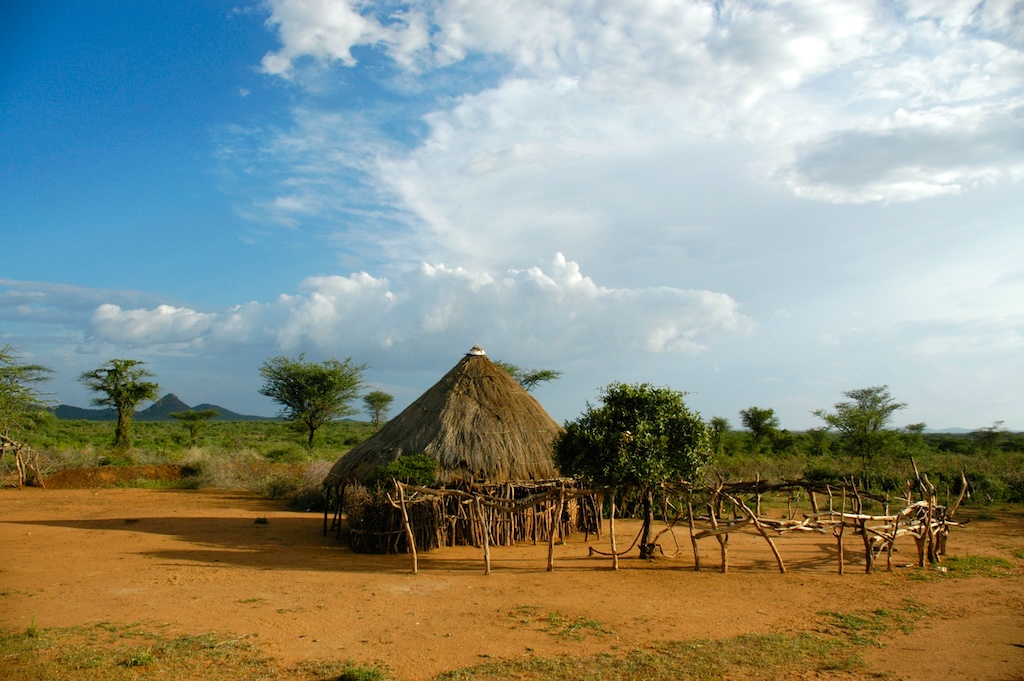 Simple hut in the bush savannah, Turmi, Ethiopia, Africa.
