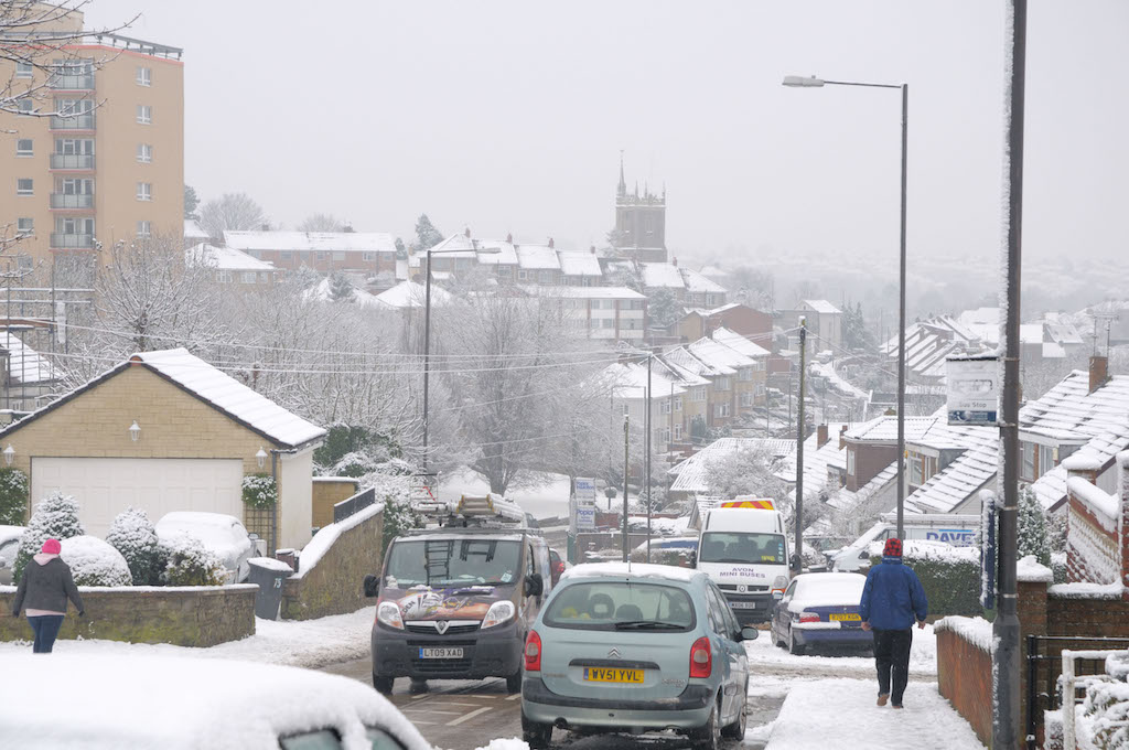 Snow covered suburban streets during uncommonly severe cold weather in the UK during the winter of 2009/2010.