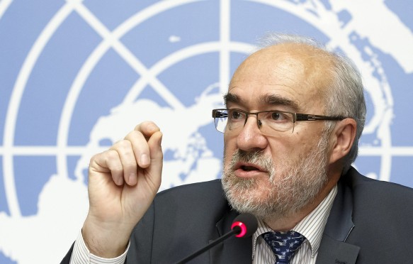 French Michel Jarraud, Secretary-General of World Meteorological Organization, (WMO), speaks to the media about the WMO Greenhouse Gas Bulletin during a press conference in Geneva, Switzerland