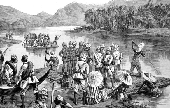 Illustration depicting British troops being ferried across a river in Burma on rafts, dated 19th century. Image ID: HHEERK.
