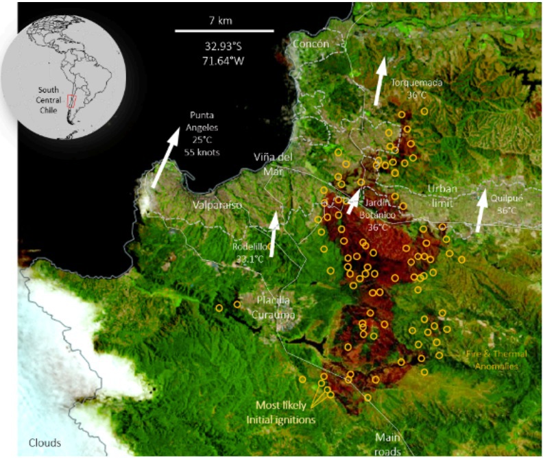 This shows a map of wildfires in Chile. The extent of the wildfires is shown in red and non-affected vegetation in green. 