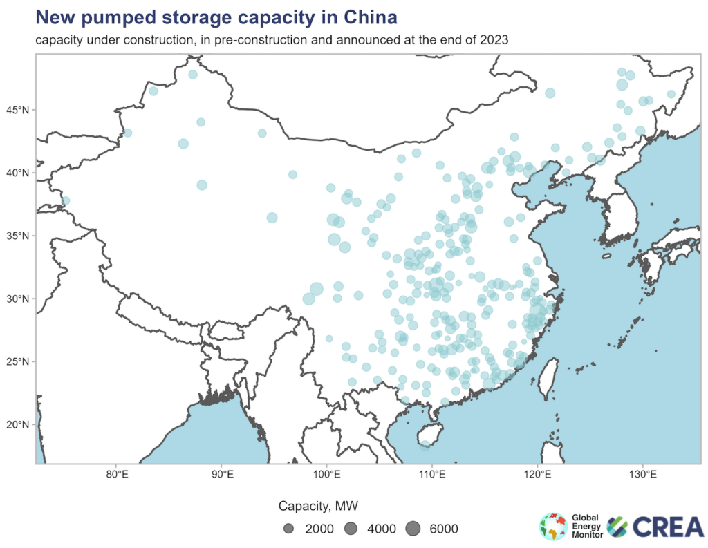 New pumped storage capacity in China, map.