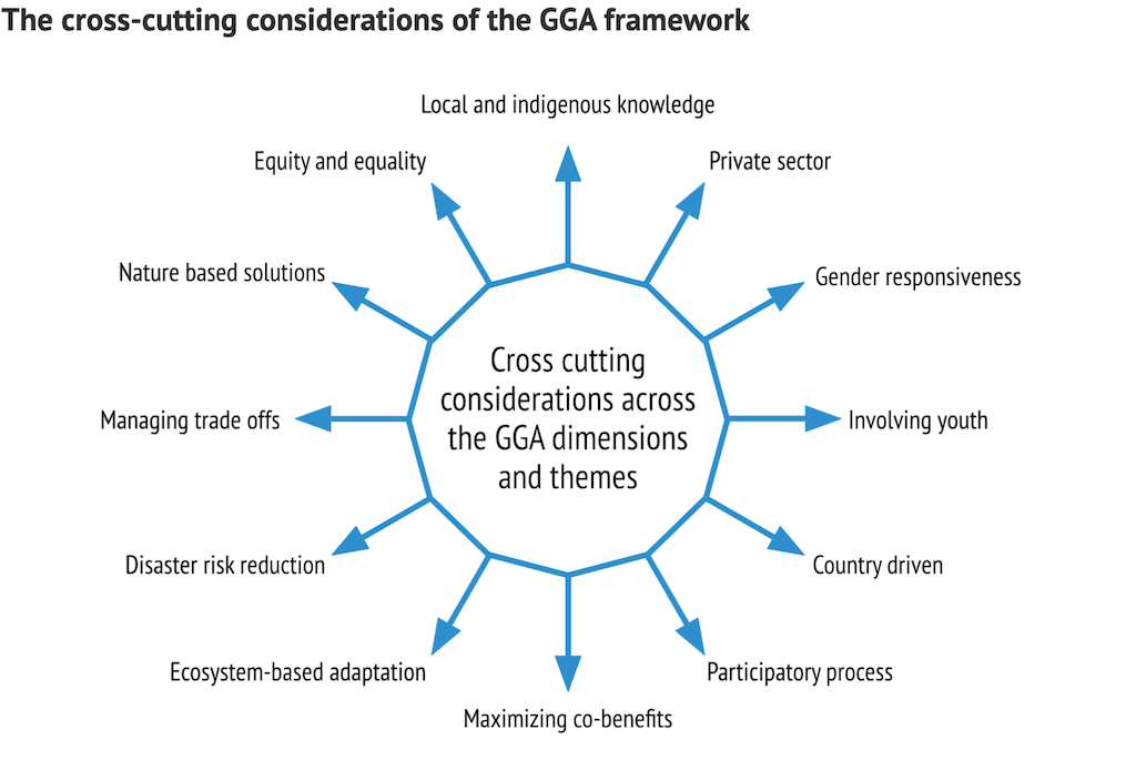 Caption: The cross-cutting considerations across the different dimensions and themes of the GGA. Source: ACDI, figure by Carbon Brief.