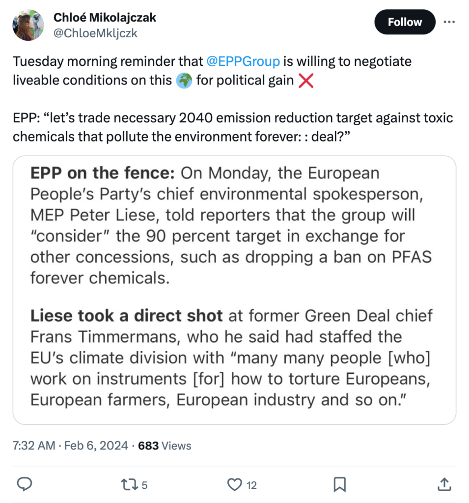 Tweet by Chloé Mikolajczak regarding the 2040 EU targets