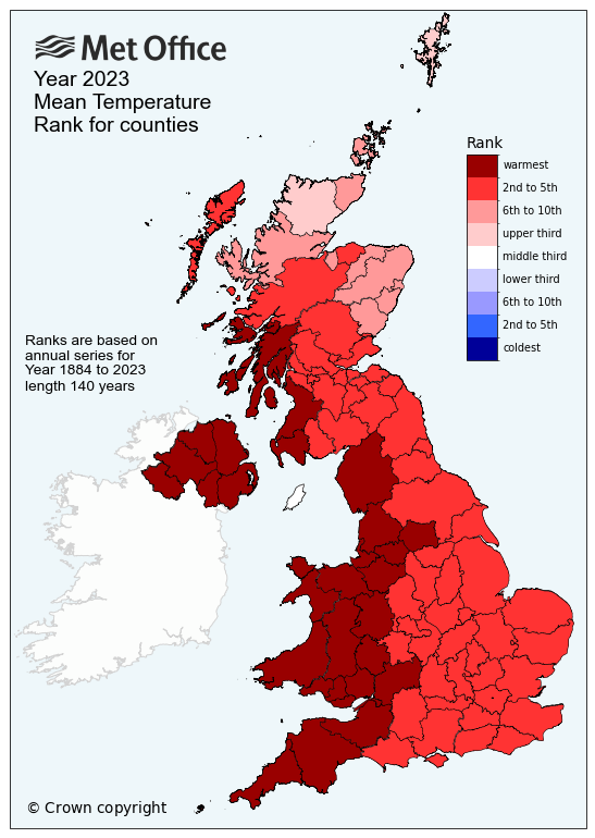 Map showing the relative ranking of average 2023 temperature for UK counties. 