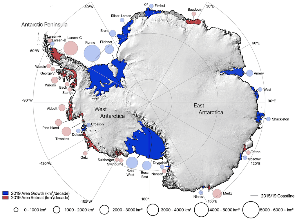 Antarctic map of ice-shelf area changes from 2009 to 2019. 